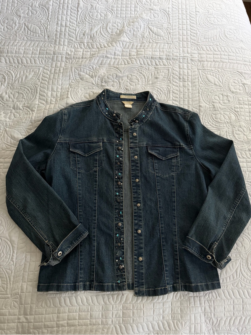 Dark Denim Blue & Brown Beaded Collar Jean Jacket Large Christopher & Banks